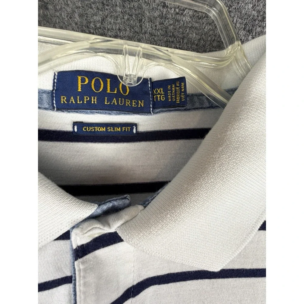 Polo Ralph Lauren Custom Slim Fit Polo Shirt Men 2XL White Blue Striped Golf